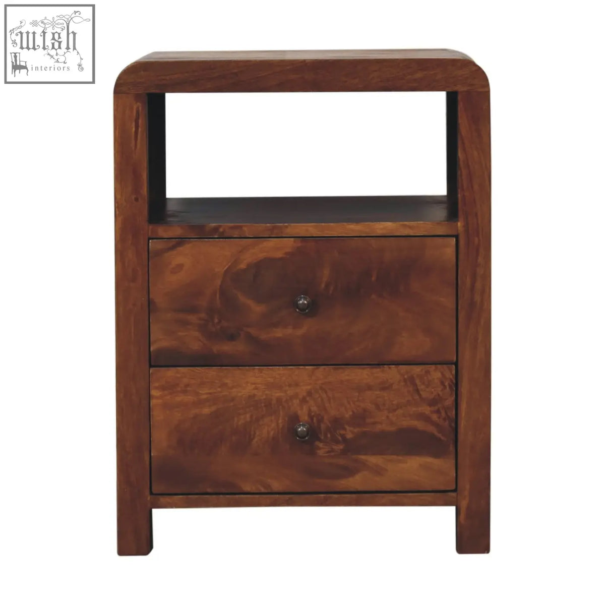 Rich brown aspen bedside table with two drawers and open shelf made of solid mango wood with dark metal knobs