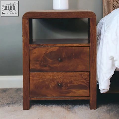Aspen bedside table chestnut solid mango wood nightstand with two drawers and a warm-toned wooden top shelf