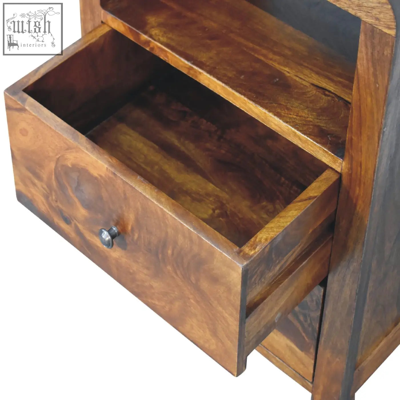 Warm-toned aspen bedside table in chestnut solid mango wood with a single drawer and small metallic knob
