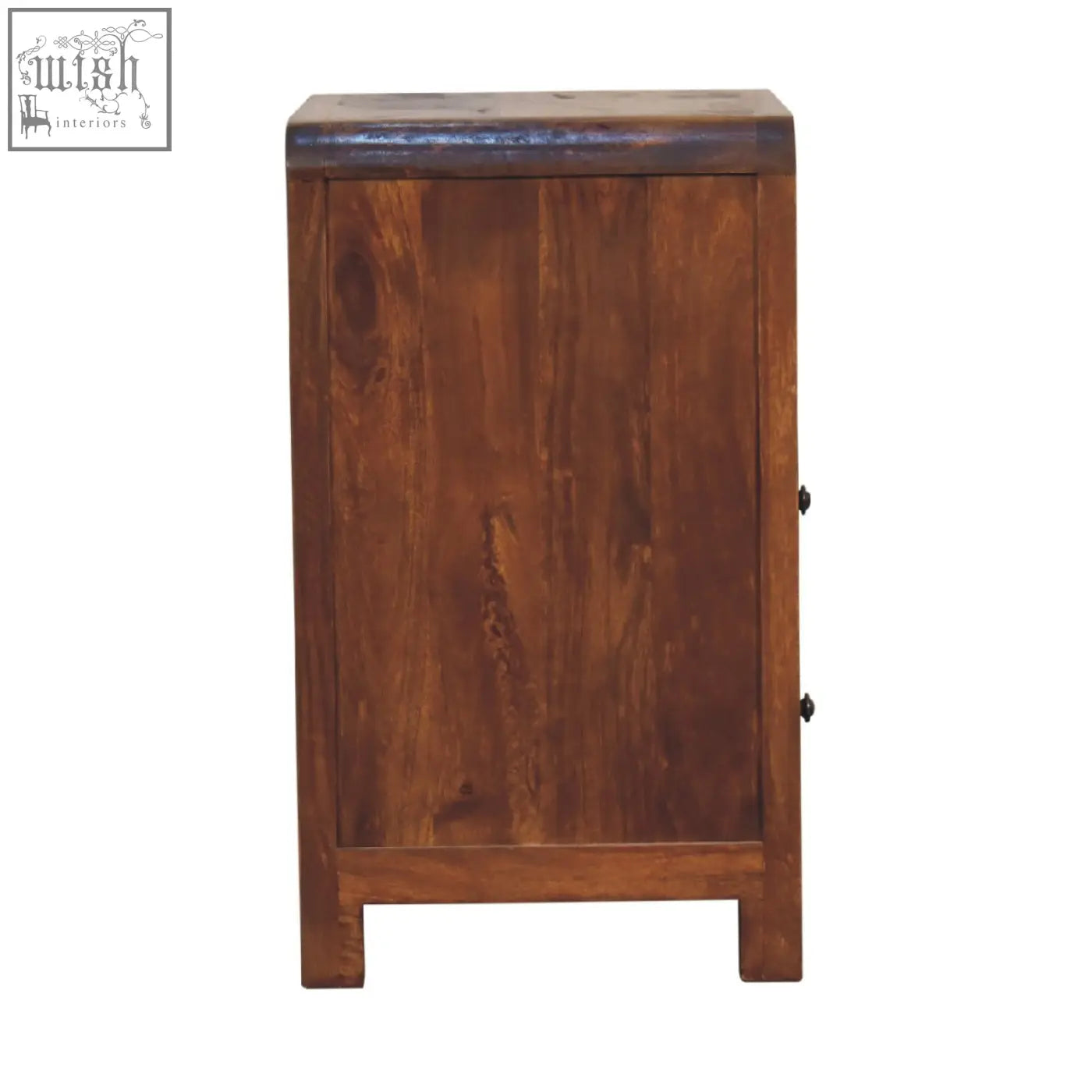 Rustic brown aspen bedside table with dark top edge and black handles made from solid mango wood
