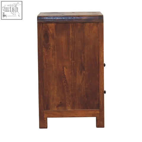 Rustic brown aspen bedside table with dark top edge and black handles made from solid mango wood