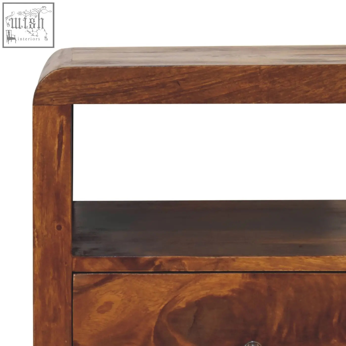 Warm brown aspen bedside table with a curved top edge made of solid mango wood showing natural grain patterns