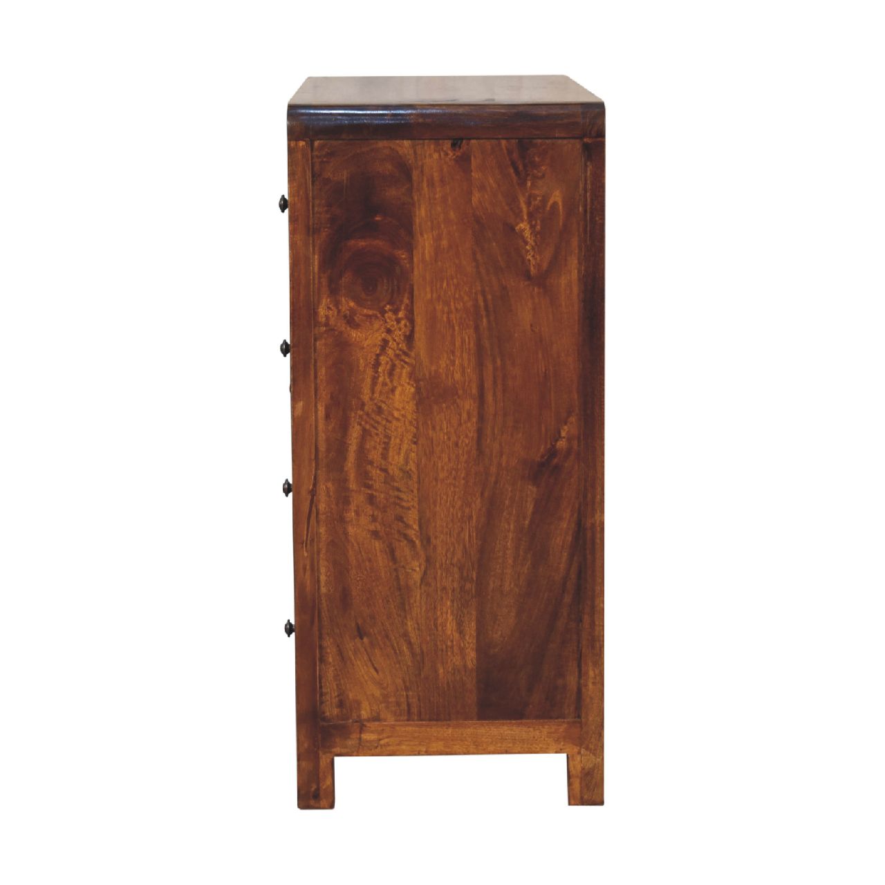Dark brown wooden aspen cabinet chest of drawers with visible grain and four black metal handles