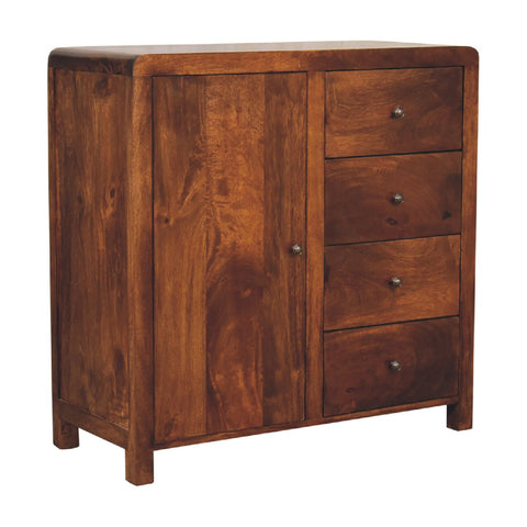 Aspen cabinet is a rich brown wooden cabinet with one door and four drawers with round metal knobs