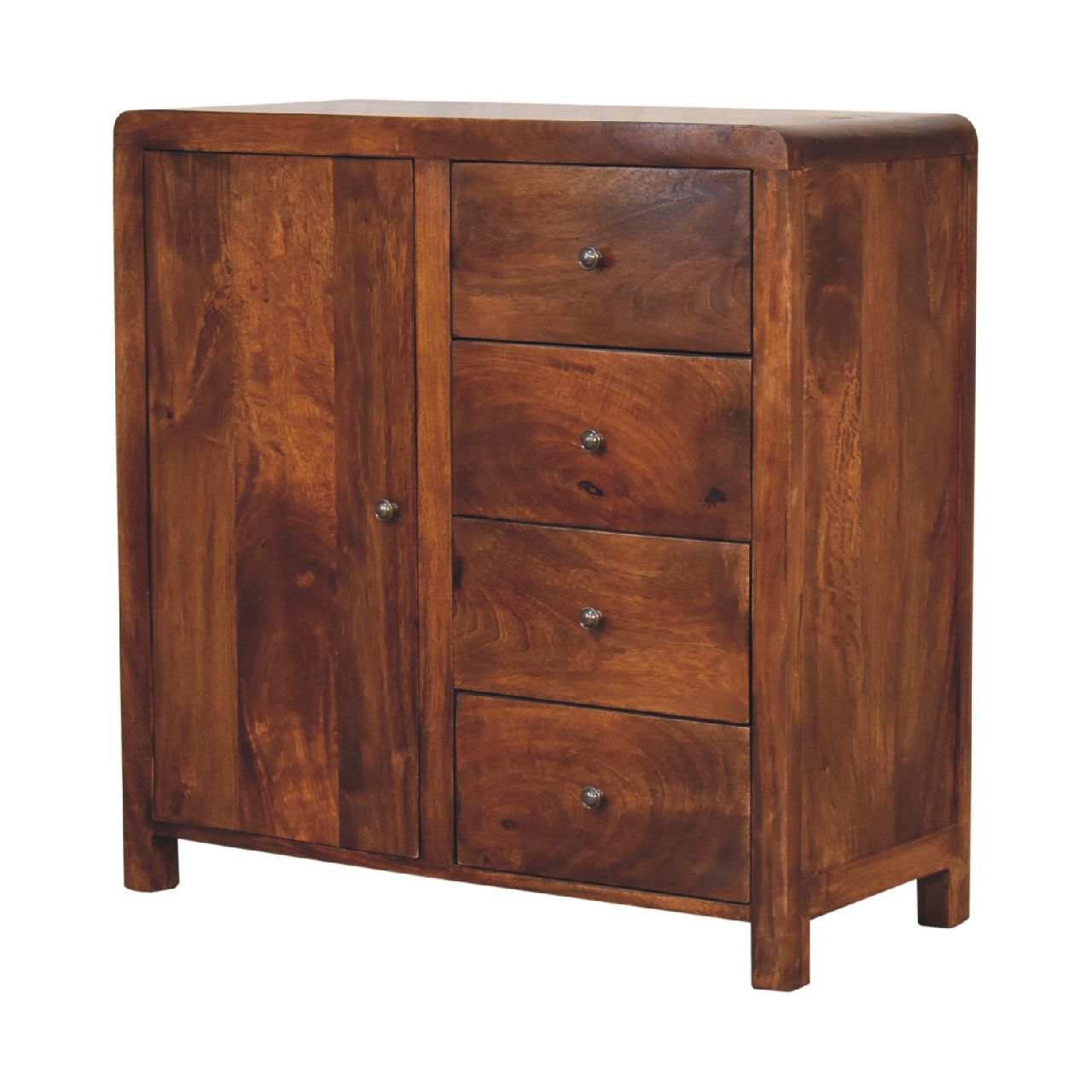 Rich brown wooden aspen cabinet with two doors and four drawers with round metal knobs for storage