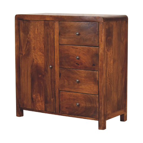 Rich brown wooden aspen cabinet with two doors and four drawers with round metal knobs for storage