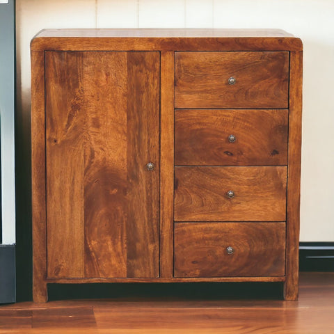 A rustic wooden aspen cabinet with a warm brown finish and four drawers on the right side