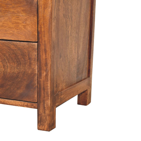 Warm brown wooden Aspen cabinet dresser with visible grain and simple sturdy construction for bedroom storage