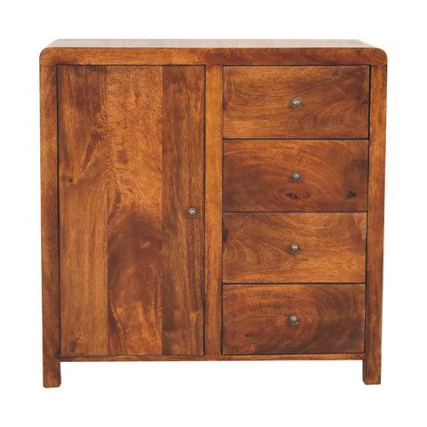 Aspen cabinet warm-toned wooden single door and four drawers with round metal knobs perfect for storage