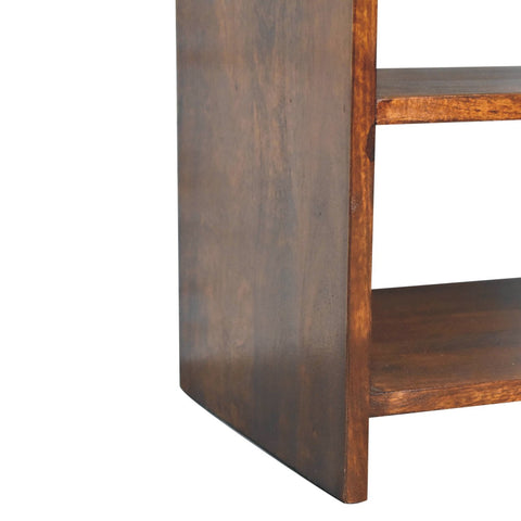 Dark brown chestnut mango wood bedside table with visible grain and two open shelves for easy storage