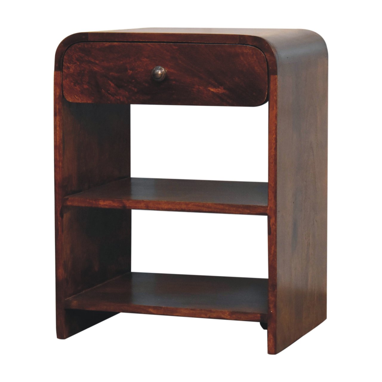 Dark brown mango wood bedside table with single drawer and two open shelves for bedroom storage