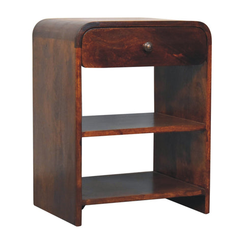 Dark brown mango wood bedside table with single drawer and two open shelves perfect for nighttime storage