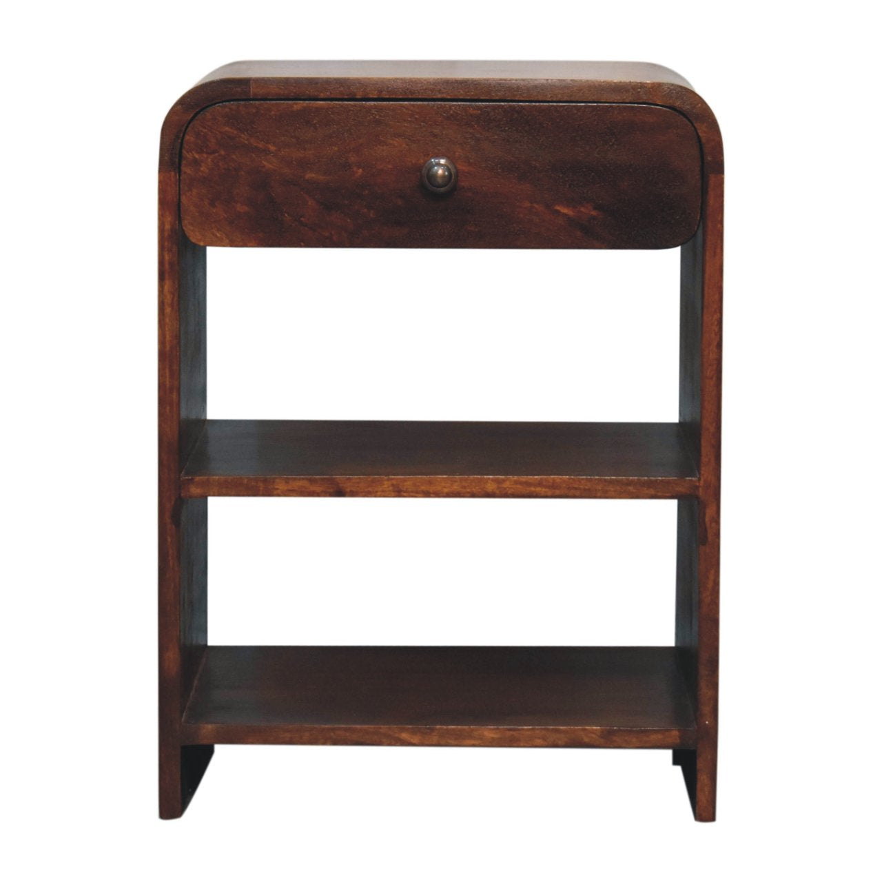 Dark brown mango wood bedside table with single drawer and two open shelves for bedroom storage