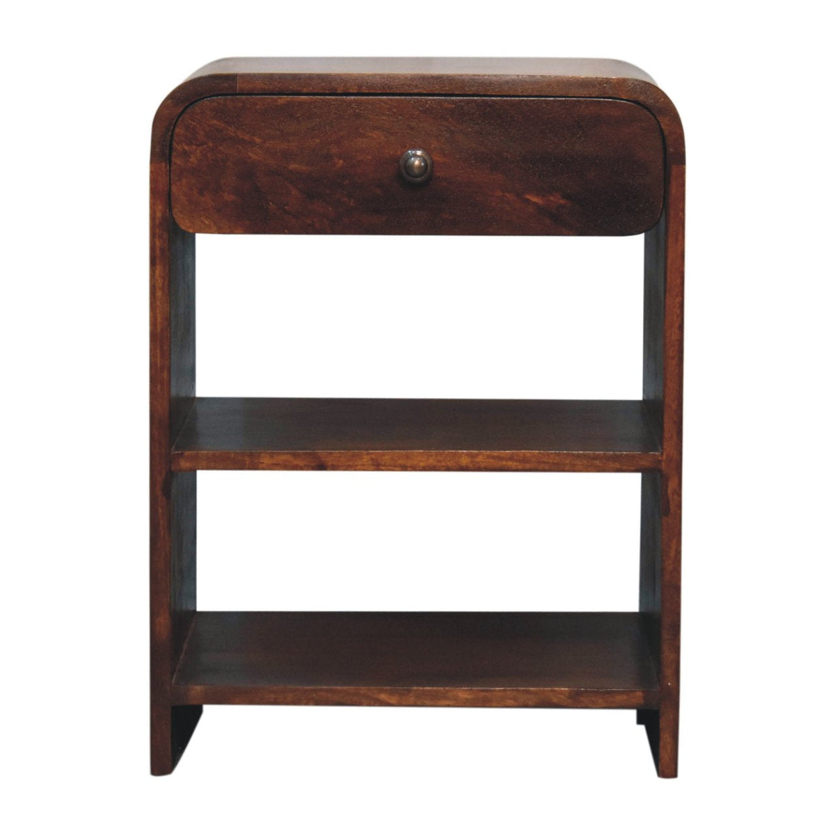 Dark brown mango wood bedside table with single drawer and two open shelves for bedroom storage