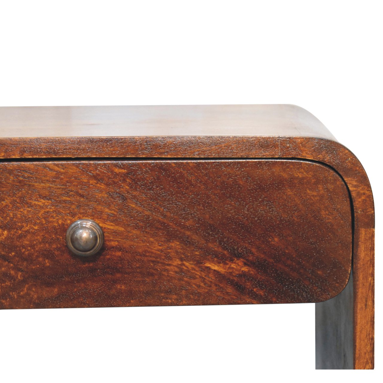 Rich brown mango wood bedside table drawer with polished curved edge and round metal knob from aspen open bedside table