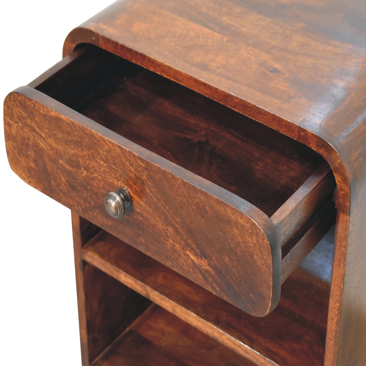 Rich dark brown mango wood bedside table with curved drawer front and metallic knob for bedroom use