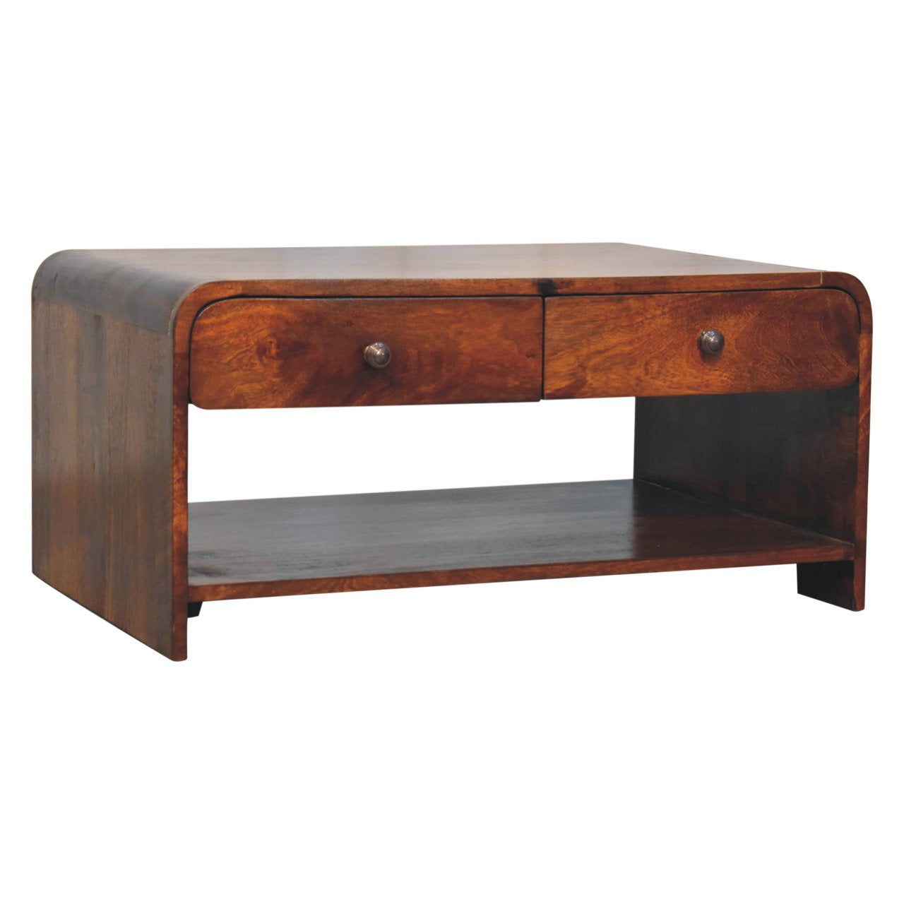 Rich brown wooden aspen slim coffee table with two drawers and a lower shelf for extra storage