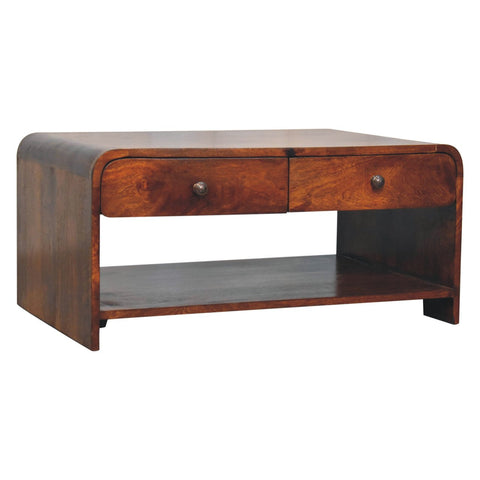 Rich brown wooden aspen slim coffee table with two drawers and a lower shelf for extra storage