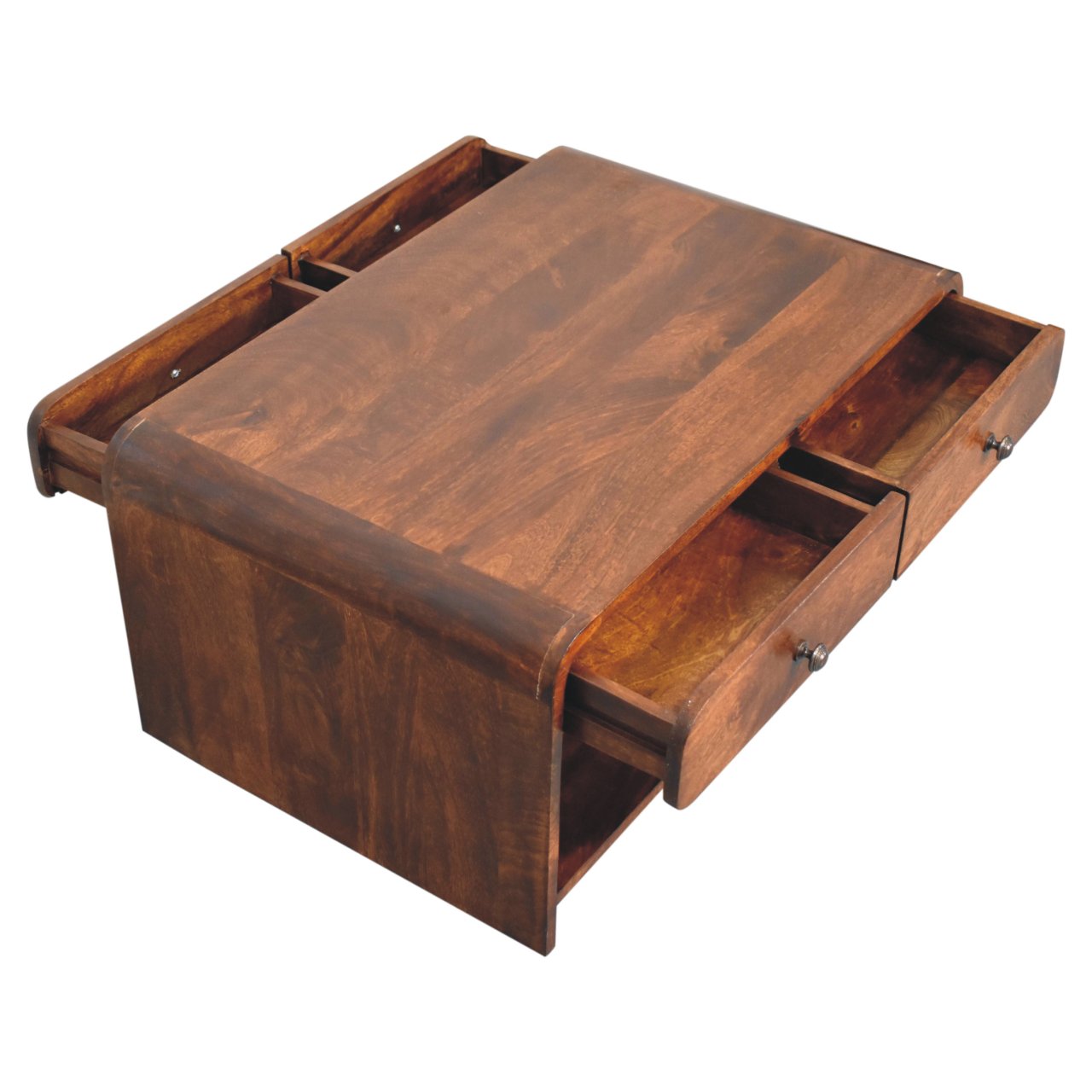 Aspen slim coffee table with rich brown wood, sleek curved drawers, and polished metal handles for stylish storage