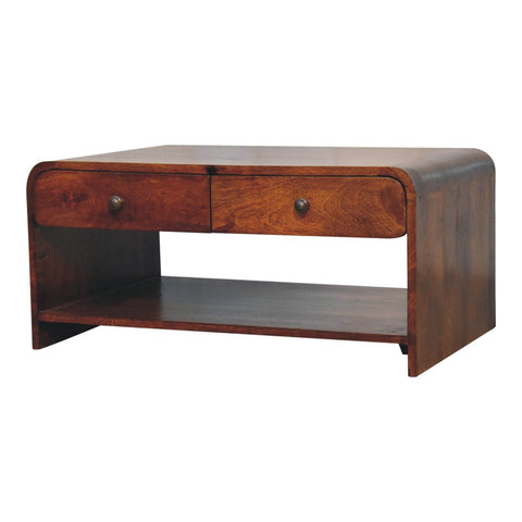 Aspen slim coffee table in rich mahogany wood with two drawers, lower shelf, rounded edges, and dark metal knobs