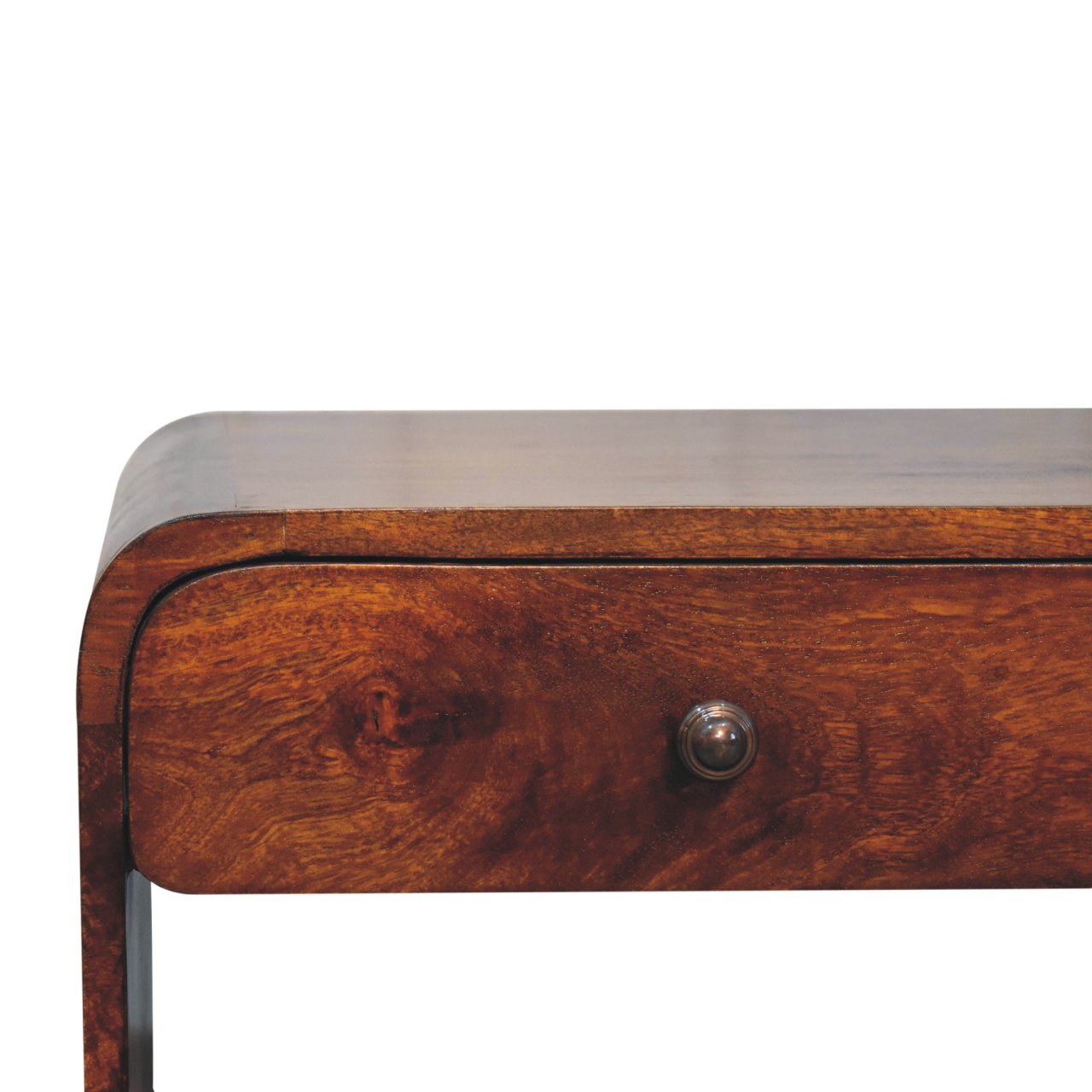 Aspen slim coffee table made of warm-toned wood with smooth finish and curved edges featuring a small drawer