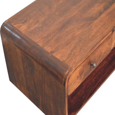 Rich warm-toned wooden aspen slim coffee table with smooth finish and rounded edges perfect for living rooms