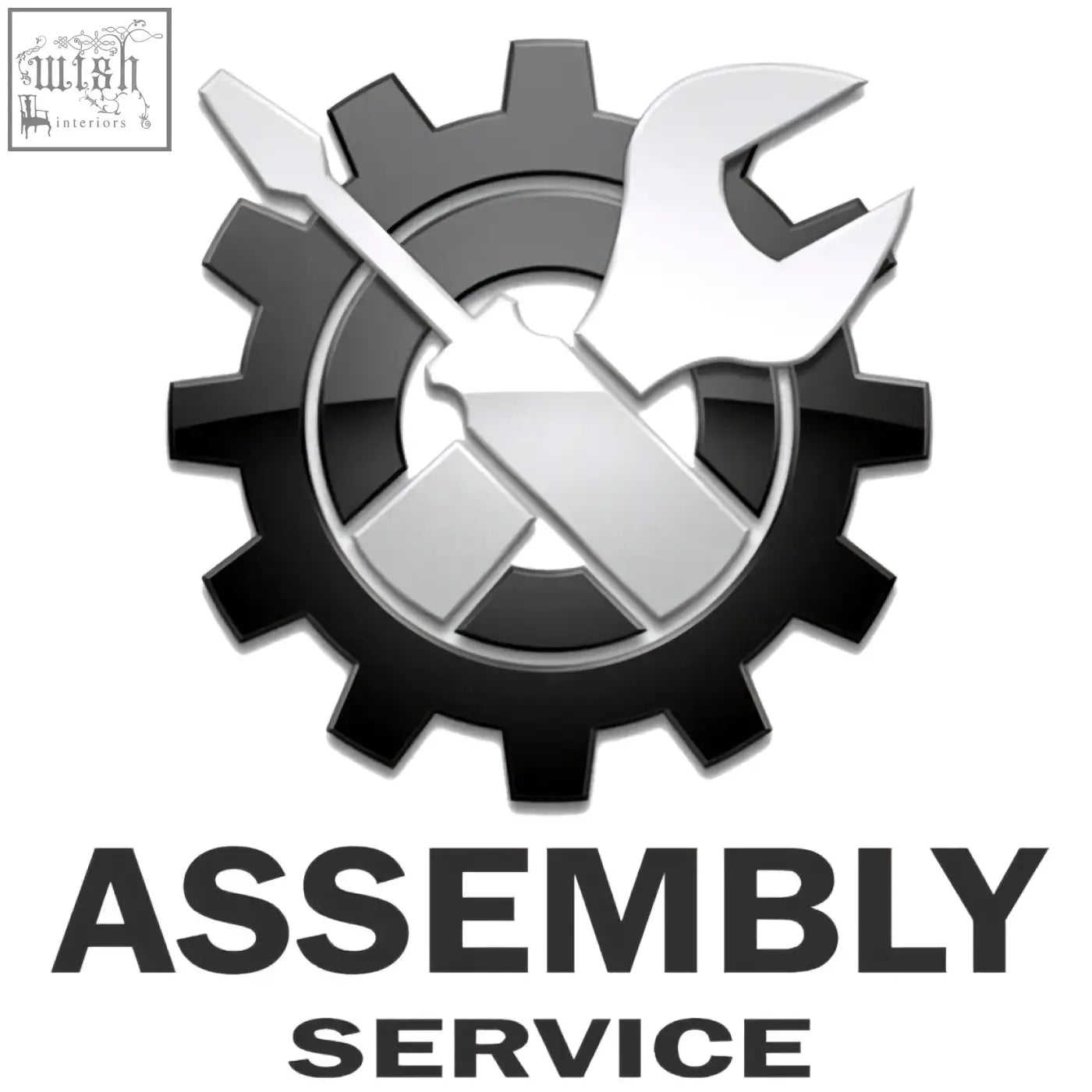 Silver screwdriver and wrench crossed over a black gear emblem for assembly service by background-checked experts secure setup