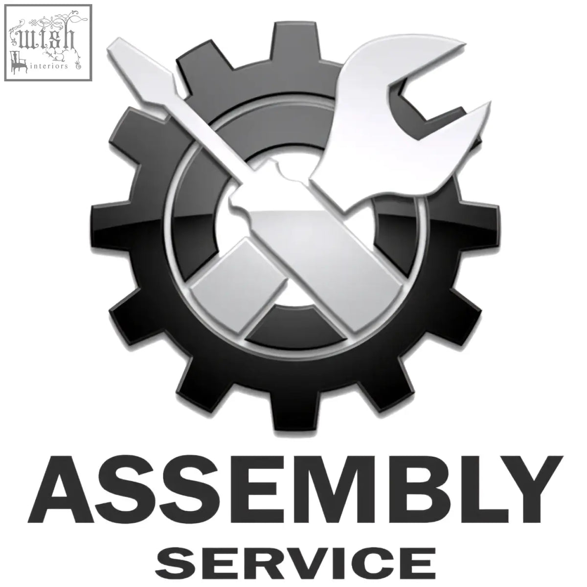 Silver screwdriver and wrench crossed over black gear emblem for assembly service with rubbish removal