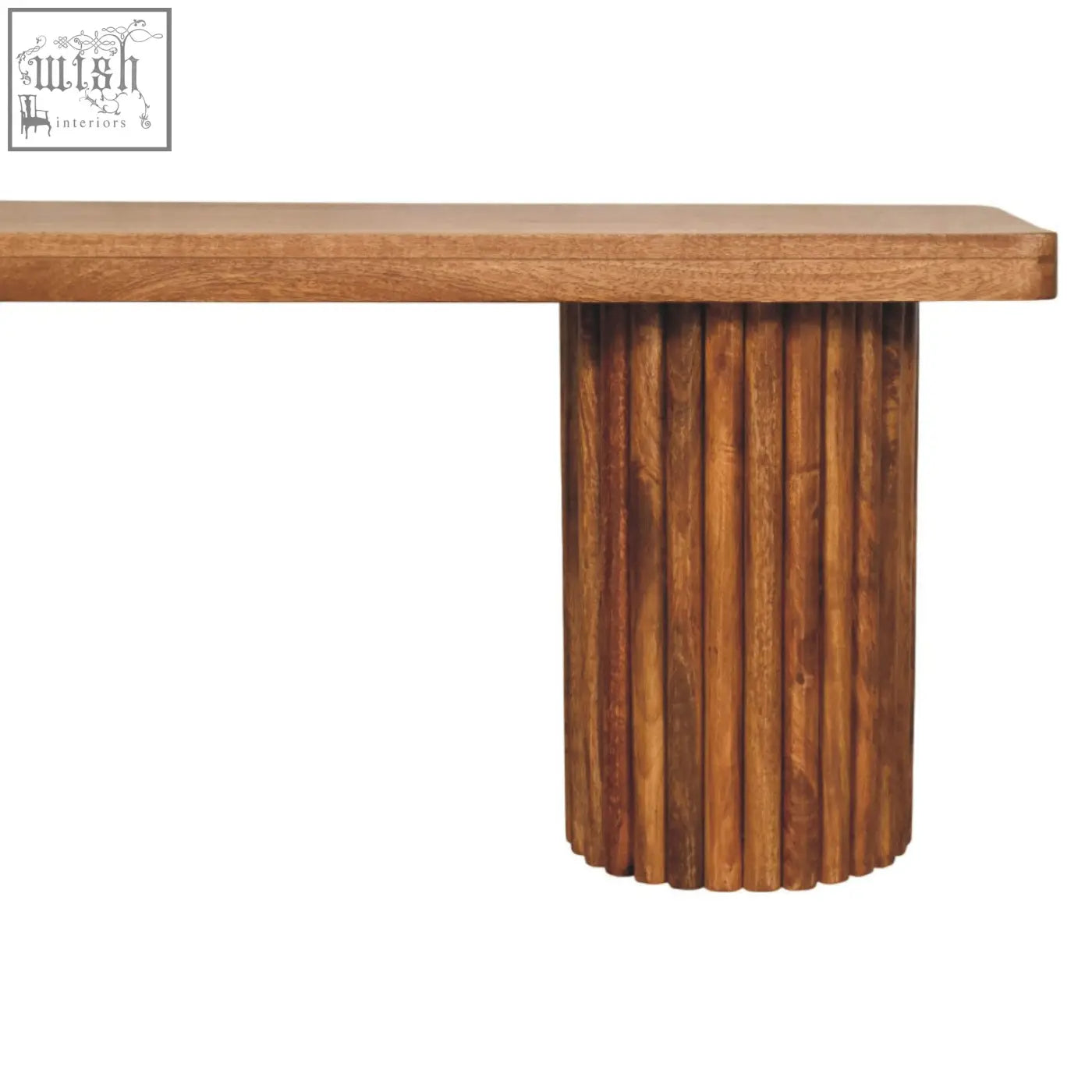 Astoria fluted bench with a smooth light brown natural mango wood top and a dark fluted base of natural mango segments