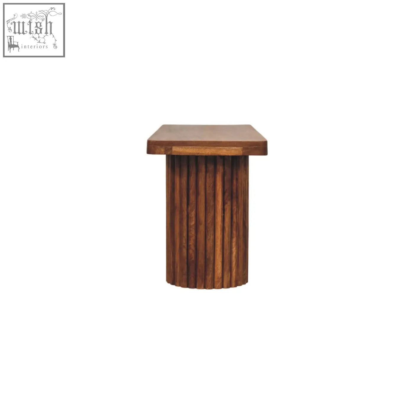Rustic astoria fluted bench with square top and vertical slat base made from natural mango wood in warm natural mango tone
