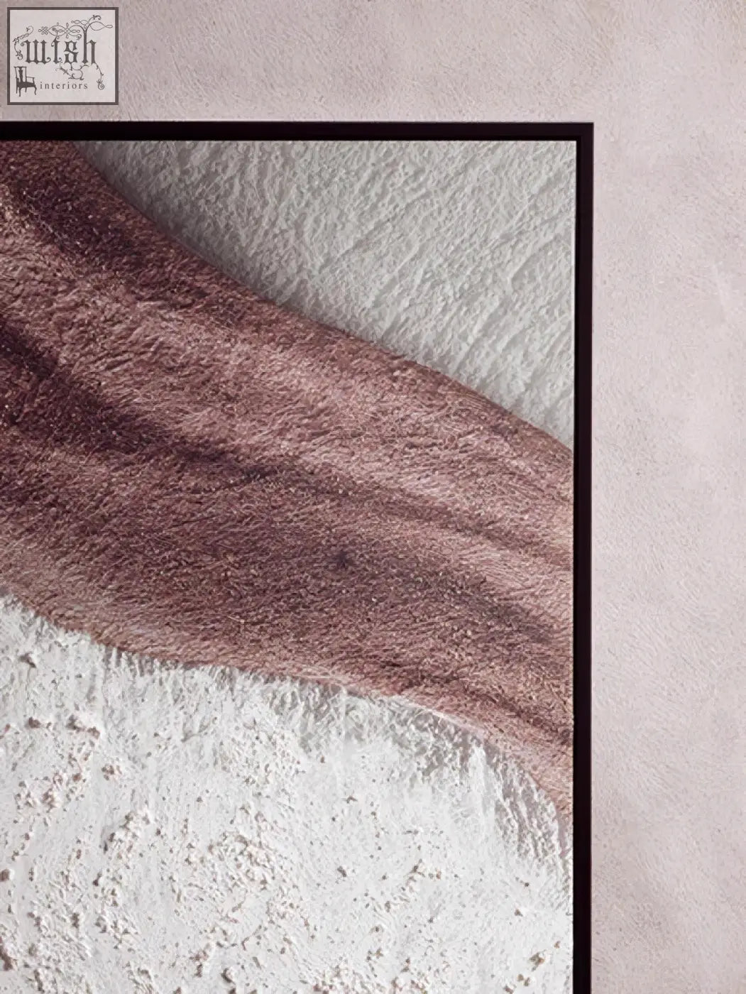 Abstract wall art with rose-gold metallic ribbon on white grainy surface perfect earthy tones textured wall decor