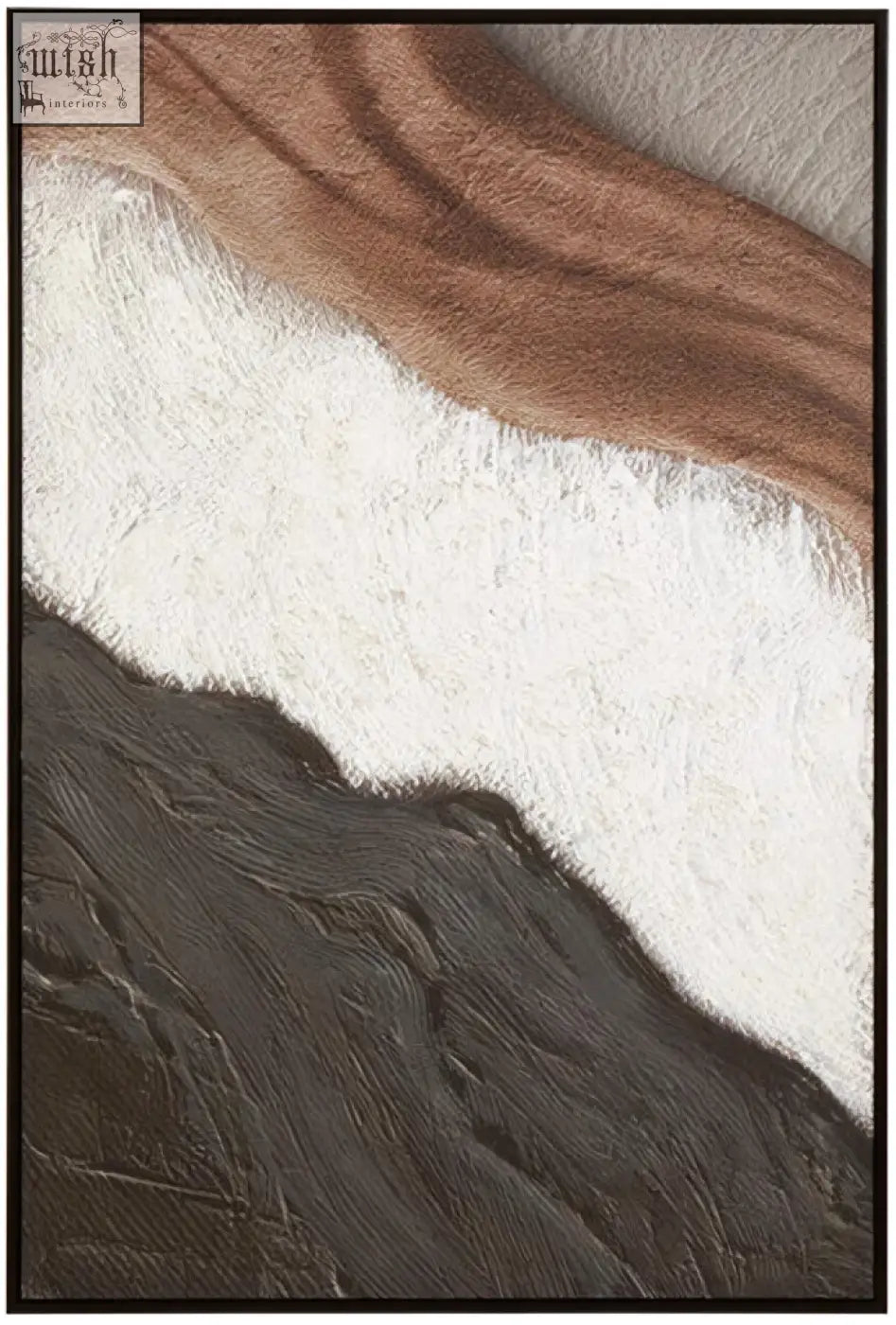 Abstract tri-color earthy tones textured wall art with layered brown white and dark gray tones textured wall design