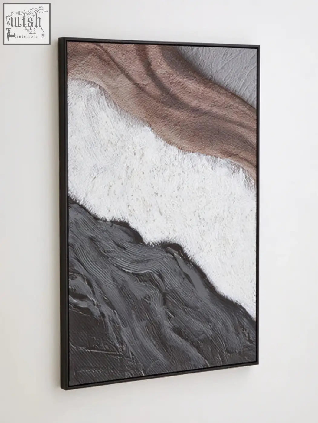 Black-framed wall art with earthy tones textured layers in white gray and brown perfect for modern decor