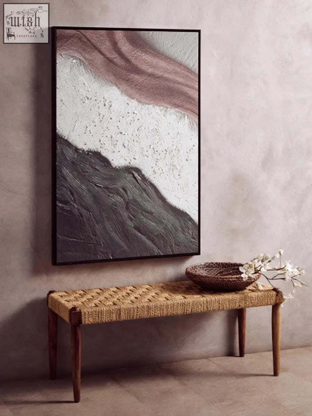 A framed abstract wall art with earthy tones textured brushstrokes in muted rose and charcoal gray tones