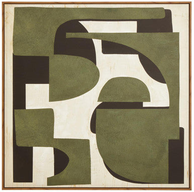 Abstract wall art featuring bold olive green black and off white geometric shapes in a brown frame for modern decor