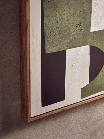 Minimalist multicolour abstract wall art with bold olive green white and dark brown geometric shapes in light wood frame