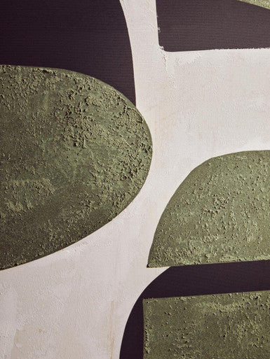 Olive green textured concrete abstract wall art with geometric shapes against a white wall for modern decor