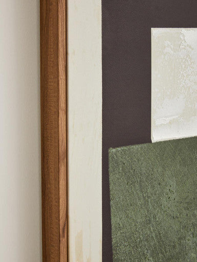 A wooden framed abstract wall art with multicolour textured canvas in dark brown green and white tones