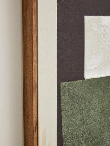 A wooden framed abstract wall art with multicolour textured canvas in dark brown green and white tones
