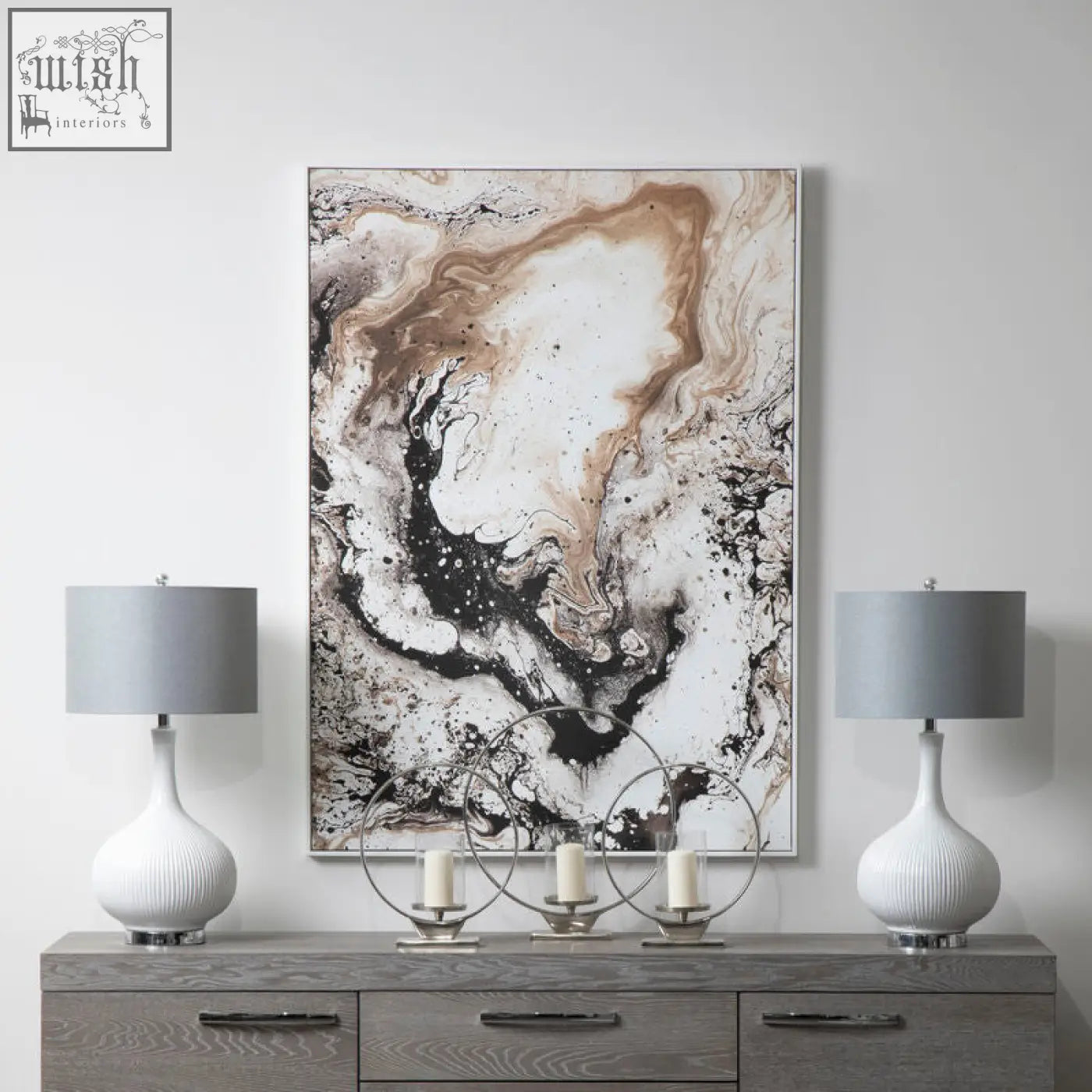 Abstract canvas painting with swirling black white and beige marbled patterns in a silver frame natural wall art