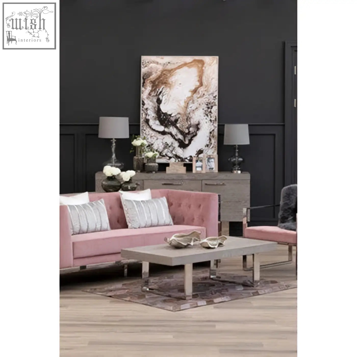 Pink tufted sofa with silver legs and cushions paired with astratto natural wall art for stylish natural wall decor
