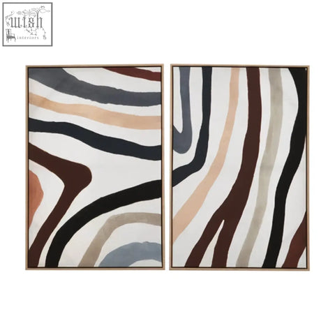 Two framed multi coloured abstract wall art pieces with flowing wavy stripes in earthy beige brown black and gray tones