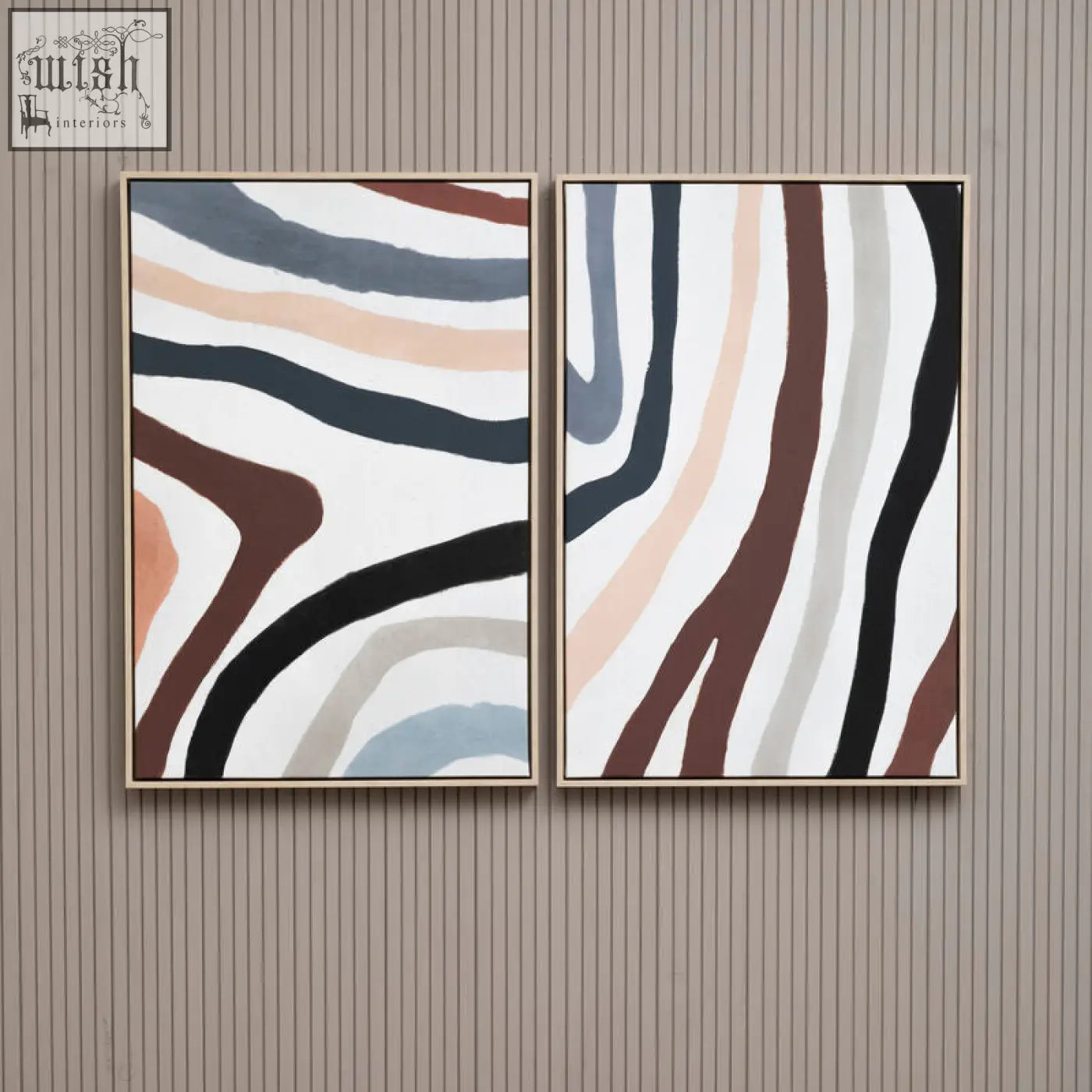 Two framed multi coloured abstract wall art pieces featuring flowing wavy stripes in earthy tones on white background