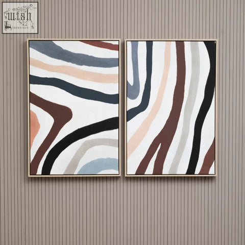 Two framed multi coloured abstract wall art pieces featuring flowing wavy stripes in earthy tones on white background