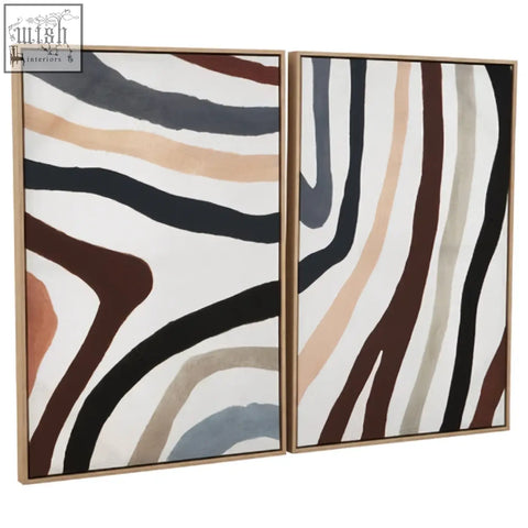 Modern abstract wall art set featuring two framed panels with flowing wavy stripes in earthy tones multi coloured abstract