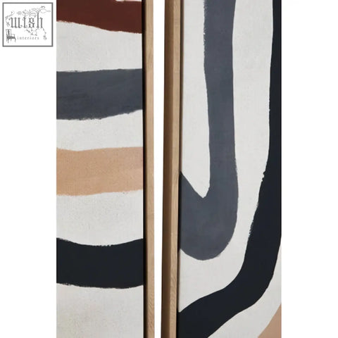 Modern abstract wall art with bold black white beige and muted brown stripes in a sleek gold frame multi coloured abstract