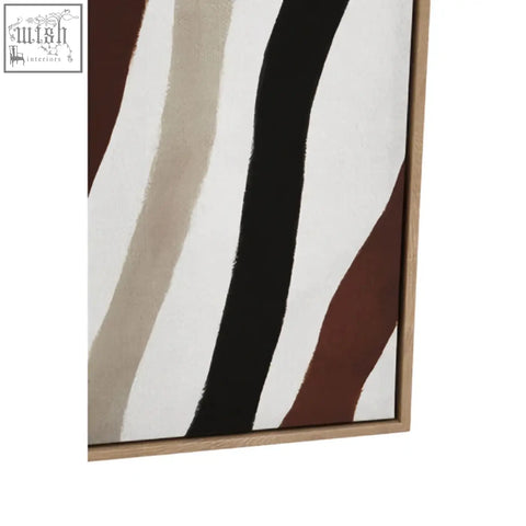 A modern multi coloured abstract wall art set featuring bold wavy stripes in black white beige and brown with light wood frame