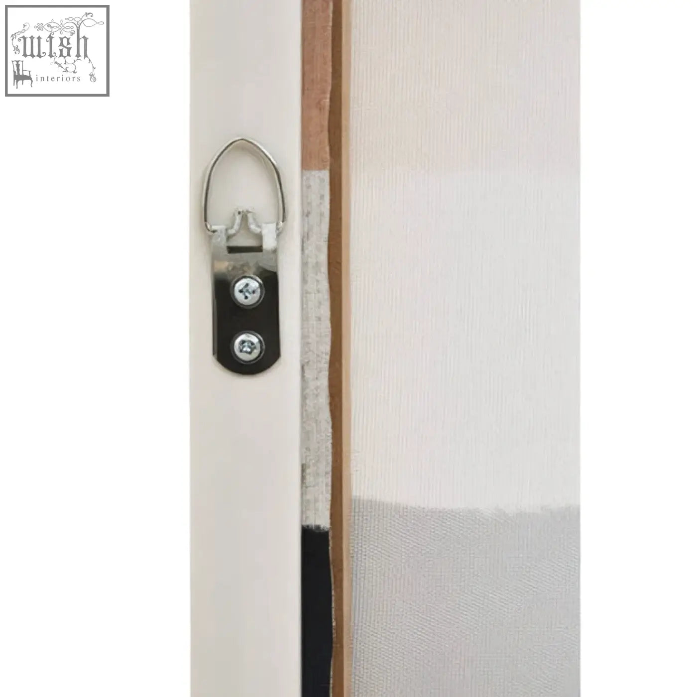 Silver metal picture hanging hook with black plastic base and screws for coloured abstract wall art