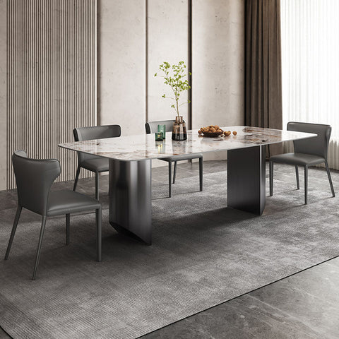 Modern astrid dining table with polished sintered stone top in gray and white veining supported by matte black legs
