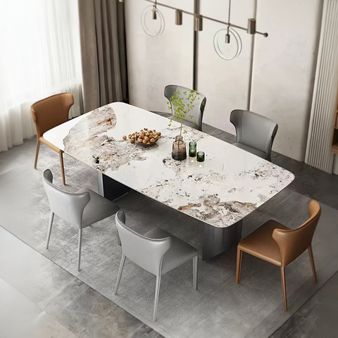 Modern rectangular astrid dining table with white sintered stone marble top and sleek black legs